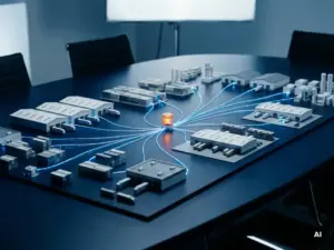 Maßstabsgetreues Modell einer globalen Lieferkette auf einem Konferenz-Tisch der Marine, mit Miniatur-Lagern und Schiffscontainern, die durch leuchtend blaue Lichtfäden und einen pulsierenden orangefarbenen Knotenpunkt miteinander verbunden sind.