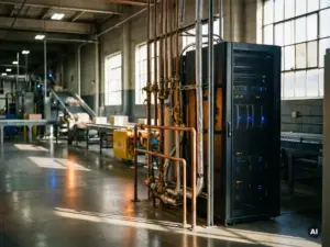 Copper industrial pipes and conduits connecting to a modern server rack in a warehouse with conveyor belts in the background.