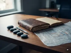 Ein abgenutztes, in Leder gebundenes Notizbuch liegt aufgeschlagen auf einem modernen Schreibtisch; daneben liegen fünf glatte Steine und ein Druckbleistift neben einer teilweise sichtbaren Blaupause.