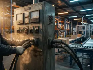 Abgenutzte industrielle Schalttafel mit analogen Drehreglern und Kippschaltern, die in einem modernen Logistiklager ausgesteckt ist; im Hintergrund sind Förderbänder zu sehen.
