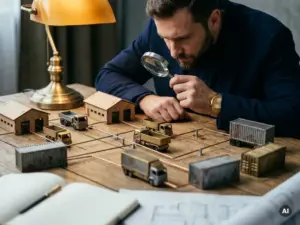 Ein Logistikingenieur betrachtet ein 3D-Miniaturmodell eines Lieferkettennetzwerks aus Lagerhäusern, LKWs und Containern auf einem Eichentisch im warmen, bernsteinfarbenen Licht einer Lampe.