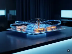 Glowing 3D logistics hub architectural model on a dark navy desk with blue data streams and amber accent lighting.