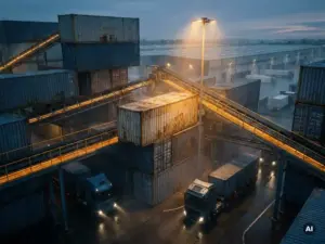 Industrieller Logistik-Knotenpunkt mit Versandcontainern, Lastkraftwagen und Lagerregalen, die durch leuchtend bernsteinfarbene Förderbänder in einem riesigen Lieferkettennetzwerk miteinander verbunden sind.