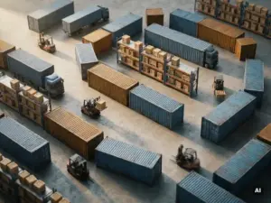 Overhead flat-lay of interconnected shipping containers, cargo trucks, and warehouse shelves with forklift figurines mid-route across a logistics network.