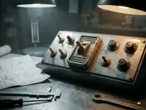 Abgenutztes mechanisches Bedienfeld mit Schaltern und Drehreglern, wobei sich ein Schalter gerade in der Umstellungsphase befindet; umgeben von technischen Zeichnungen und Präzisionswerkzeugen auf einer Stahlfläche.