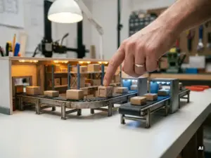 Hand hovering over a miniature factory floor model with tiny conveyor belts, warehouse shelves, and cargo boxes under warm studio lighting.