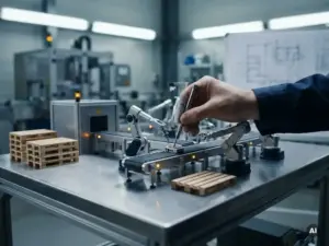 Ein Ingenieur, der ein Bauteil an einem Miniaturmodell einer Fabrikhalle mit Förderbändern, Roboterarmen und Paletten unter bernsteinfarbener Akzentbeleuchtung einstellt.