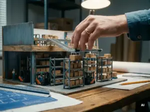 Miniaturmodell eines Lagers mit Förderbändern, Regalen und winzigen Gabelstaplern auf einem Architekturmodelliertisch, über dem eine Hand schwebt, um die Anordnung zu gestalten.