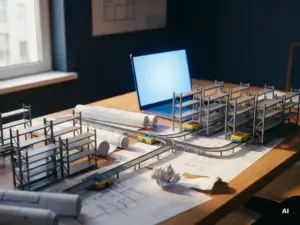 Miniature warehouse conveyor system under construction on an engineer's desk beside a glowing laptop, with scale shelving models and technical drawings.