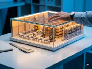 Miniature warehouse model with conveyor belts and storage racks inside a glowing glass display case on a white engineering desk.
