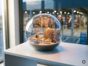 Miniaturlager mit Förderbändern und Regalen, eingeschlossen in einer leuchtenden Glaskugel auf einem weißen Schreibtisch, im Hintergrund eine echte Logistikanlage, die verschwommen erscheint.