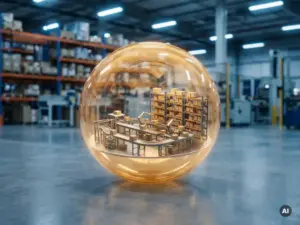 Miniature warehouse with conveyors, shelving racks, and robotic sorters encased in a glowing glass sphere on polished concrete, industrial facility blurred behind.