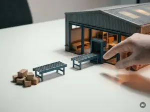 Miniaturmodell eines Lagers mit einem fehlenden Förderbandabschnitt; eine vorsichtige Hand schwebt über der Lücke auf einem weißen Schreibtisch.