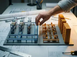Engineer's hand hovering over a detailed miniature warehouse floor model comparing two conveyor and shelving layout configurations.