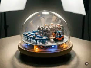 Miniature warehouse simulation inside a glass dome with conveyor belts, shelving aisles, and a forklift, rendered in steel blue and amber tones.