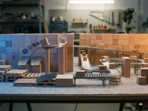 Miniature warehouse layout with wooden blocks and metal conveyors, one section mid-motion beside an active rerouting path, steel blue and amber tones.