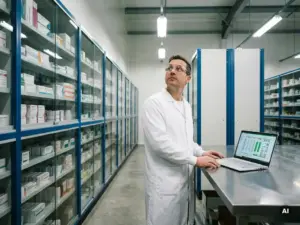 Pharmaceutical warehouse worker in a white lab coat reviewing climate-controlled medicine storage racks beside a laptop showing warehouse schematics.