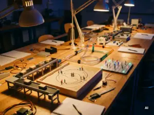 Vier physikalische Simulationsmodelle auf einer technischen Arbeitsplattform: Förderbandlayout, Flussdiagramm für Sandansammlungen, Rohrleitungssystem und Fußgängerraster unter warmer Laborbeleuchtung.