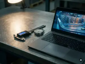Digital caliper, mechanical stopwatch, and laptop showing a 3D warehouse simulation model on a steel workbench.