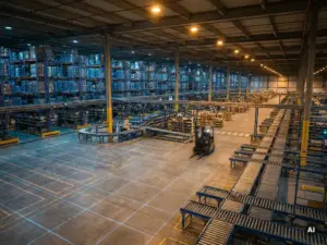 Retail distribution center digital twin with conveyor belts, shelving aisles, and glowing blueprint grid overlay on warehouse floor.