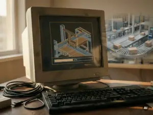 Ein ausgedientes Simulationsmodell, eingefroren auf einem staubigen Monitor mit abgezogenen Kabeln, das ein modernes Förderbandsystem in einem Lagerhaus widerspiegelt, getaucht in warmes, bernsteinfarbenes Licht.