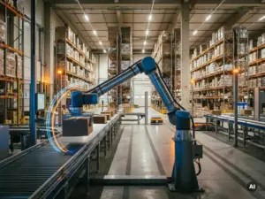 Robotic conveyor arm in motion inside a modern warehouse, with glowing blue data trail and amber-lit shelving rows in the background.