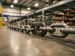 Steel chain with one reinforced link on a logistics warehouse floor, conveying supply chain resilience and redundancy.