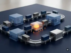 Miniaturisiertes Lieferkettennetzwerk mit Lagern, Förderbändern und Containern auf marineblauem Hintergrund, wobei ein bernsteinfarbener Knotenpunkt inmitten kühler Blautöne einen Engpass hervorhebt.