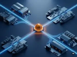 3D isometric supply chain network with glowing amber bottleneck node amid blue data streams linking warehouses, ports, and distribution hubs.
