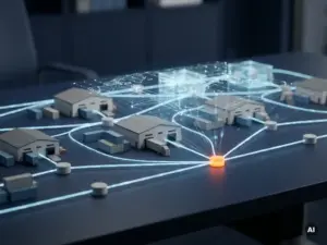 Ein Miniatur-Lieferkettennetzwerk mit winzigen Lagern und Versandcontainern, die durch leuchtend blaue Fäden miteinander verbunden sind; ein Digital-Twin-Overlay hebt einen orangefarbenen Engpassknoten hervor.