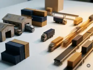 Miniatur-Diorama einer Lieferkette mit winzigen Lagerhäusern, Lastwagen und Versandcontainern, die zur Hälfte erstarrt sind und zur anderen Hälfte bernsteinfarbene Bewegungsspuren auf einer weißen Oberfläche hinterlassen.