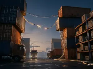 Fragile supply chain network of shipping containers, cargo trucks, and warehouse shelves connected by strained thread-like lines at a dusk industrial port.