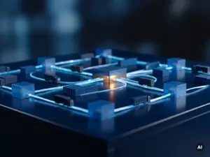 Ein Miniatur-Lieferkettennetzwerk mit Lagerblöcken, Versandcontainern und Logistikrouten, die auf einem dunkelblauen Hintergrund in blauem Licht leuchten.