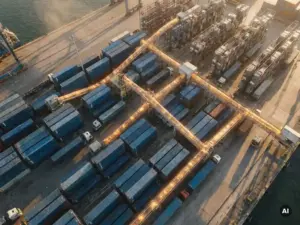 Luftaufnahme eines Industriehafens zur goldenen Stunde mit Schiffscontainern, Lastkraftwagen und Lagerregalen, die durch leuchtend bernsteinfarbene Förderbänder miteinander verbunden sind.