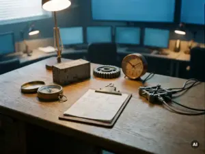 Schreibtisch in der Leitstelle der Lieferkette mit Kompass, Versandkiste, Ausrüstung, Schreibunterlage, Uhr und Netzwerkanschluss, die kreisförmig angeordnet sind.