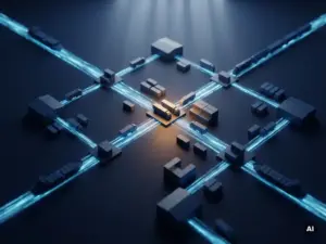 Ein Miniatur-Lieferkettennetzwerk mit Lagerblöcken und Versandcontainern, die durch leuchtend blaue Datenspuren auf einem dunkelblauen Hintergrund miteinander verbunden sind.