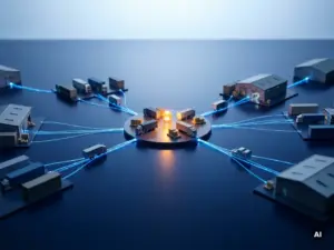 Miniature supply chain network model with warehouses and shipping containers linked by glowing blue light trails on a dark navy surface.