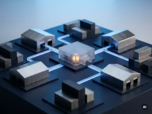 Ein Miniatur-Lieferkettennetzwerk mit leuchtend blauen Pfaden, die Lagerknotenpunkte und Versandcontainer auf einem dunkelblauen Hintergrund verbinden.