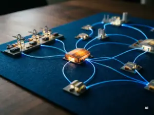 Miniature supply chain network with warehouses and ports linked by glowing blue light trails, one node highlighted in amber on a dark navy surface.