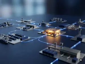 Miniature supply chain network with glowing blue light trails connecting warehouses, ports, and transport nodes on a dark navy surface, amber focal node accent.