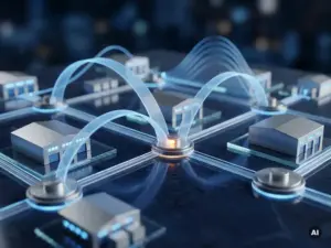 Miniature supply chain network with warehouse nodes and distribution hubs on dark navy surface, holographic demand curves glowing in cool blue light.