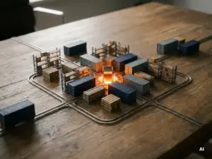 Miniatur-Frachtcontainer und Lagerregale, die durch Metallschienen auf einem Eichenschreibtisch miteinander verbunden sind, wobei eine leuchtende, bernsteinfarbene zentrale Knotenpunktstelle scharf im Fokus steht.