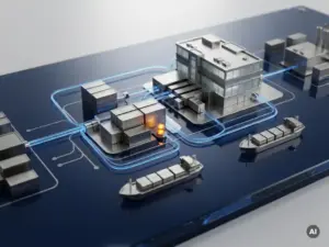 Ein Miniatur-Lieferkettennetzwerk mit Schiffscontainern, Frachtschiffen und einem Verteilzentrum, verbunden durch leuchtend blaue Datenwege auf einem dunkelblauen Hintergrund.