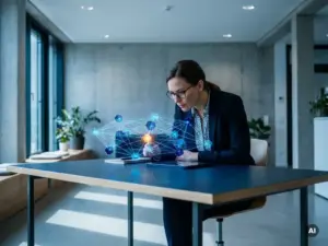 Logistics engineer examining a glowing 3D supply chain network model with interconnected warehouse nodes above a dark-blue desk.