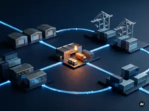 Miniature supply chain network with warehouse blocks, shipping containers, and port cranes linked by glowing blue light trails on a dark navy surface.