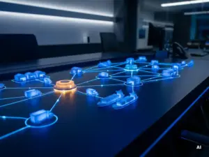 Glowing supply chain network map on a dark navy operations desk with blue node connections linking miniature 3D warehouse and port models.