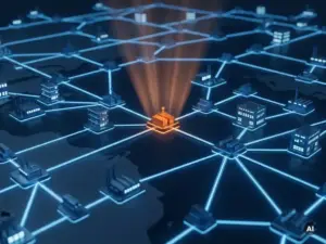 3D-Karte aus der Vogelperspektive eines leuchtenden Lieferkettennetzwerks, das Seehäfen, Lagerhäuser und Fabriken in tiefem Marineblau und Elektroblau miteinander verbindet, mit einem zentralen Knotenpunkt in Orange.