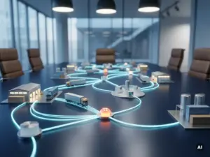 Ein Miniatur-Lieferkettennetzwerk mit Lagern und Verteilungsknoten auf einem Konferenztisch der Marine, wobei cyanfarbenes Licht die Logistikwege zu einem leuchtend orangefarbenen Optimierungspunkt nachzeichnet.