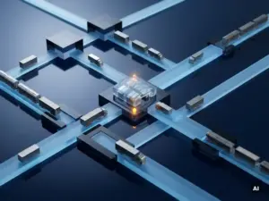 Miniature supply chain model with warehouse blocks, shipping containers, and transport routes on a reflective navy surface with blue ambient lighting.