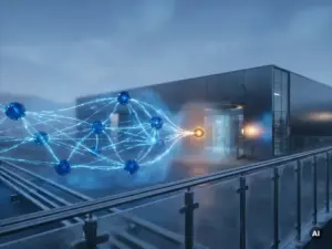Glowing blue supply chain network nodes connected by luminous data streams converging at an amber accent point above a modern warehouse.